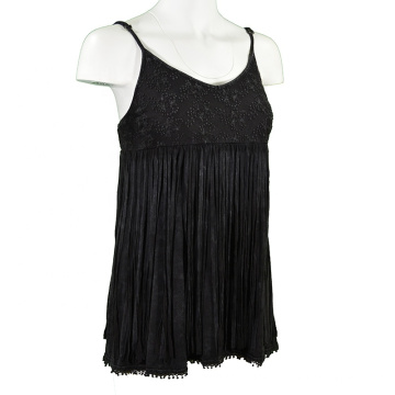 garment dyed black fringe camisole lace V neck spaghetti top with all around body tassels fit all lace top for all seasons